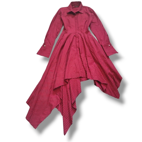 Petersyn Sutton Tartan Red Plaid Cotton Asymmetric A-line Midi Dress Size Small - Picture 5 of 15
